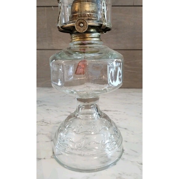 Vintage Clear Glass Wedding Scroll Base Oil Lamp Paneled Font White Flame Light - Picture 6 of 13